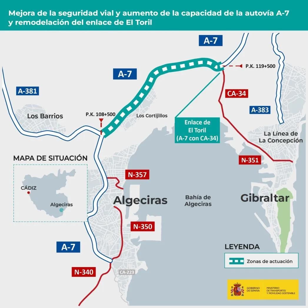El Ministerio de Transportes licita el proyecto para aumentar a tres carriles la autovía A-7 en el Campo de Gibraltar